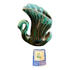 Blue Mountain Pottery Swan Vase Green Brown Drip Glaze 6" Tall Canadian Vintage